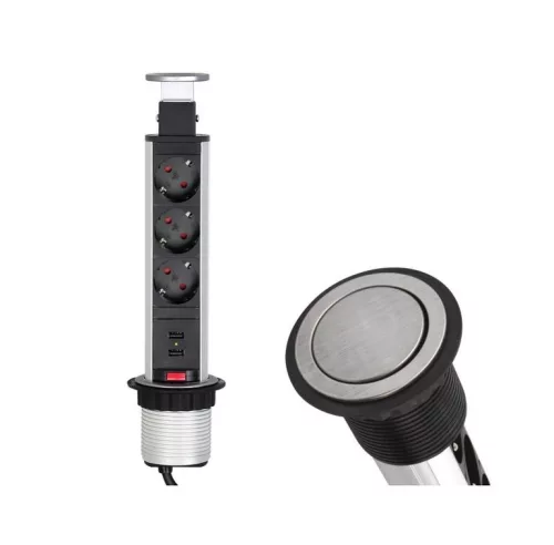 Konnektor Liftbox felhúzható 3-as + 2USB inox