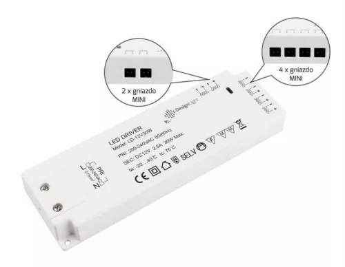 Transzformátor LED lámpához DLight 12V + 6 beépített mini AMP fehér 30W