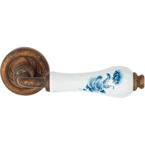 Linea Cali Dalia antik réz körrozettás kilincsgarnitúra kék virágos fehér porcelánnal 600 RB 103 BB 