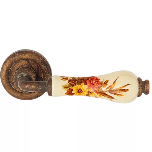 Linea Cali Dalia set de mâner rotund din alamă antică, cu porțelan maro fildeș cu model de flori 6