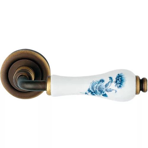 Linea Cali Dalia, bronz mat, set de mânere rotund Rozetă cu porțelan alb cu model de flori albastre 600 RB 103 BB