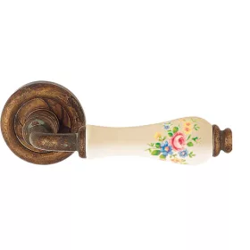   Linea Cali Dalia set de manere Rotunda din alama antica din portelan ivory cu model flori roz
