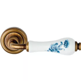   Linea Cali Dalia, bronz periat, set de mâner rotund rozetă cu porțelan alb cu model de flori albastre 600 RB 103