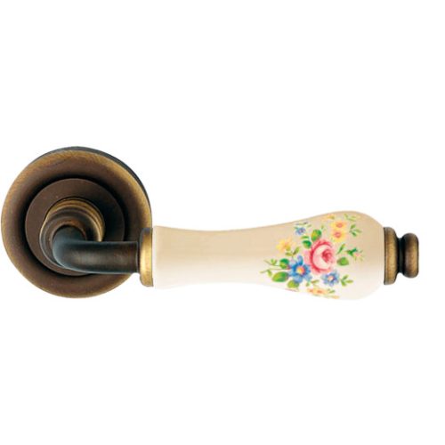 Linea Cali Dalia matte bronze round rosette handle set pink flower patterned ivory porcelain