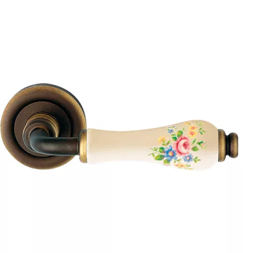 Linea Cali Dalia, bronz mat, set de manere Rotunda din portelan ivoire cu model flori roz