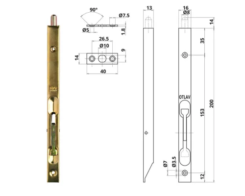 Otlav Slide Lock Security 200mm Brass