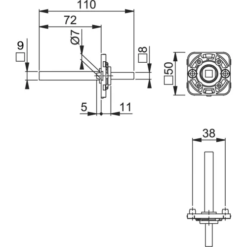 HOPPE szerelőmodul UP52/RFL szögletes, stift 9/72 mm, acél aluszínű