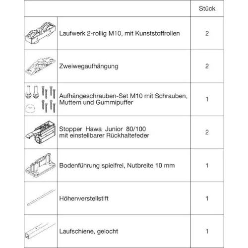 HAWA-Junior 100/Z vasalatszett fa futósín 2500 mm 2 Standard ütköző ezüst