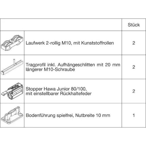 HAWA Junior 100/B vasalatszett fához 2 Standard ütköző tartócsavar +20mm