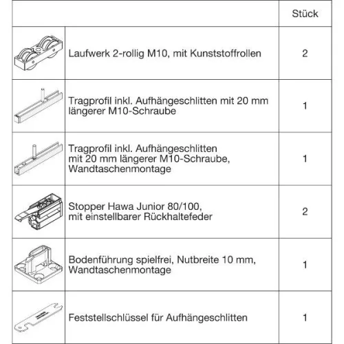 HAWA Junior 100/B-Pocket vasalatszett fához 2 Standard ütköző csavar+20 mm