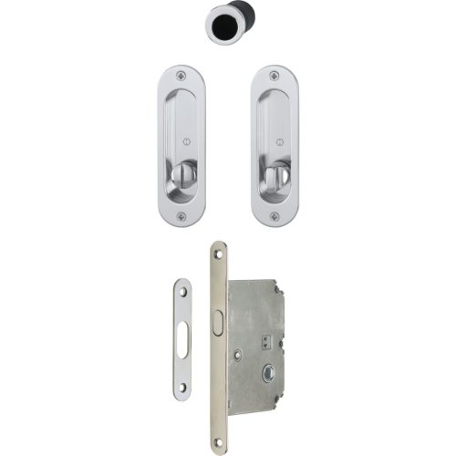 Tolóajtó kagylófogantyú szett 4930 -zárral, ovális rozetta WC, fényes krómozott