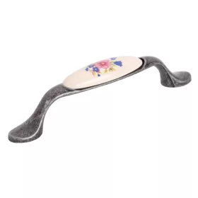   Bútor fogantyú csokorral 96 mm-es távolsággal antik ezüst/porcelán