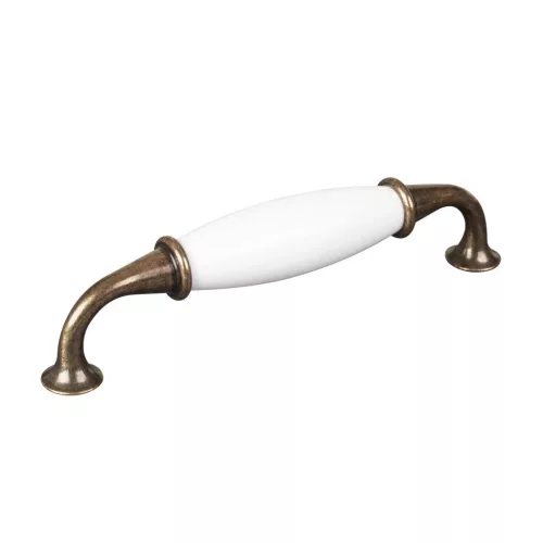 Bútor fogantyú 128 mm-es tengelytávolság antik sárgaréz/porcelán fehér