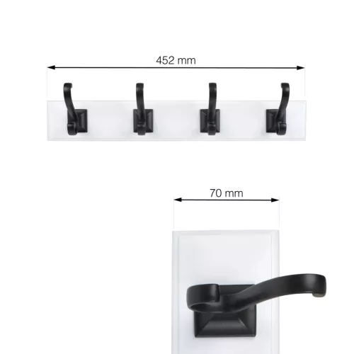 Ruhatartó 450x70 mm 4 akasztó fehér MDF+matt fekete FSC