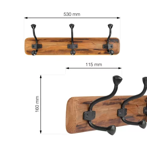 Ruhatartó 530x160 mm 3 akasztóval újrahasznosított fenyő FSC