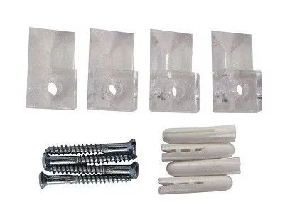 Spiegelmontagekralle aus transparentem Kunststoff. 4 Stück Dübel + Schrauben.