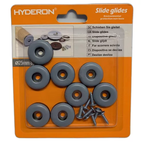 Glisoare pentru mobilă din plastic, cu șuruburi, 25 mm, cutie de 8 bucăți Hyderon